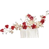 Garneck Red Flower Hair Comb: Brides Elegant Floral Rhinestone Pearl Hairpiece Vintage Decorative Crystal Hairpin For Wedding Party Hair Accessories