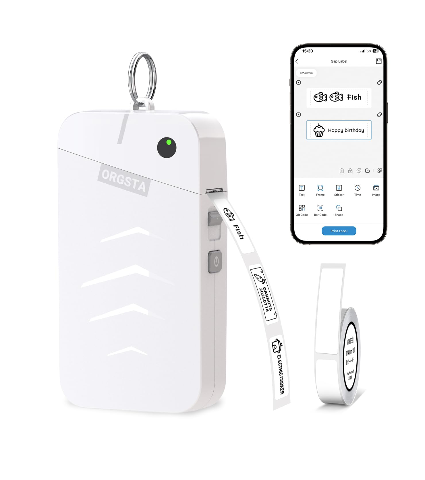 Photo 1 of ORGSTA Label Maker Machine with Tape Bluetooth Portable Thermal Labelling Printer for School Home Office Organization, Wireless Mini Labeler S001 Label Machine with Label Sticker Maker, White
