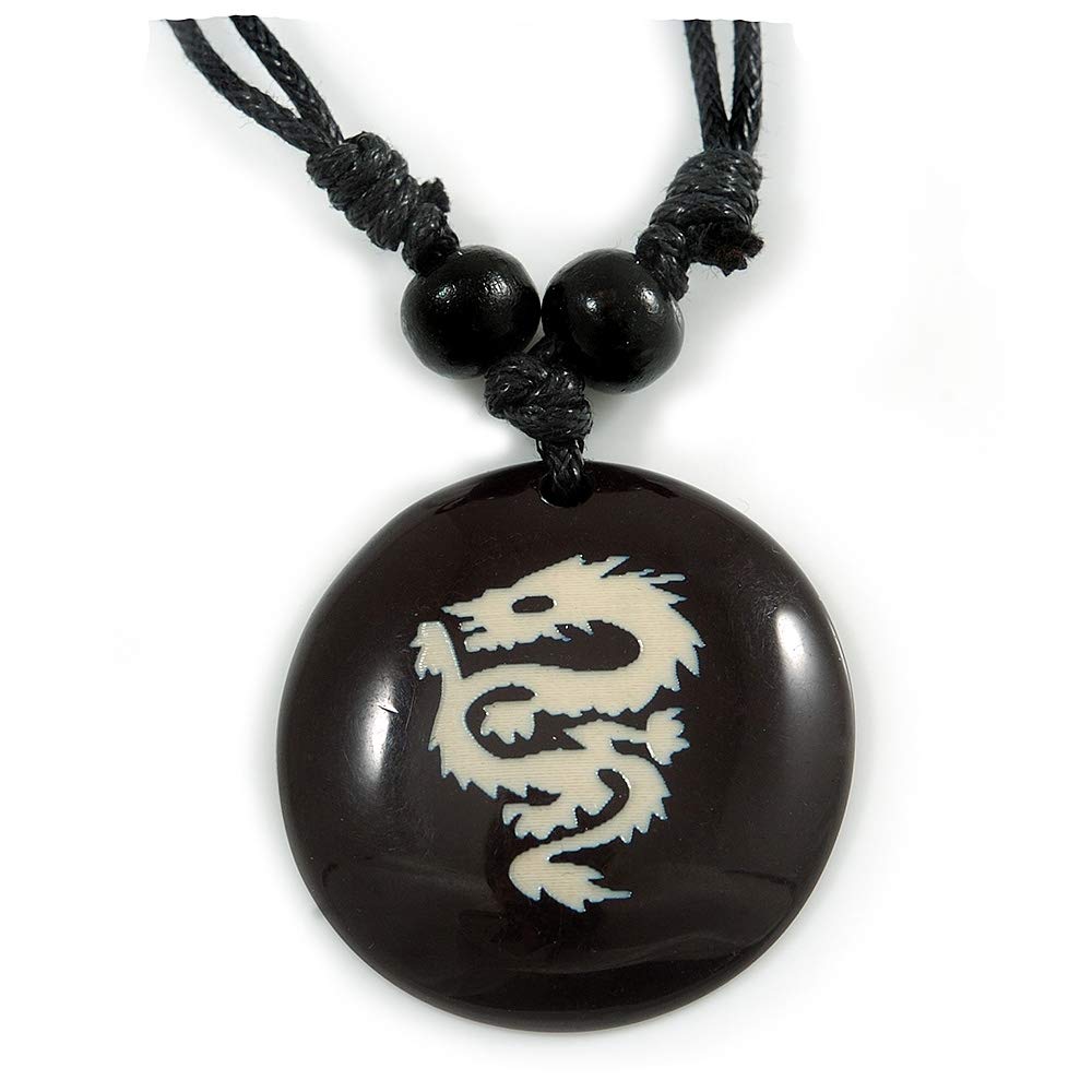 Avalaya Unisex Black/White Resin Medallion 'Dragon' Cotton Cord Pendant - Adjustable