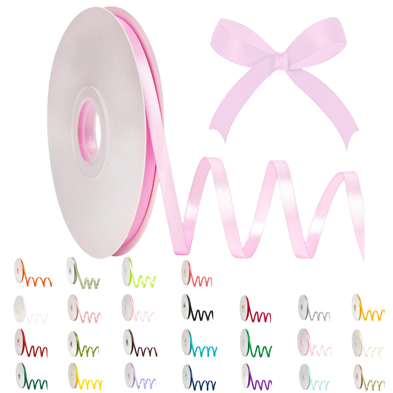 91m Thin Pink Ribbon Satin Ribbon 6mm Solid Color Fabric Ribbon Silk Satin Roll,Pink Wrapping Ribbon and Bows for Easter Gift Wrapping DIY Crafts Hair Bows Easter Cake Wedding Balloons Decoration — image 1