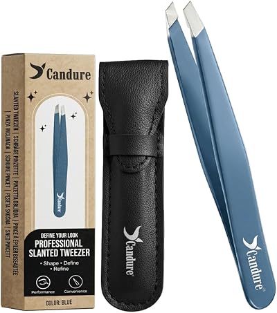 Candure Slanted Tweezers for Brows & Face with Leather Pouch