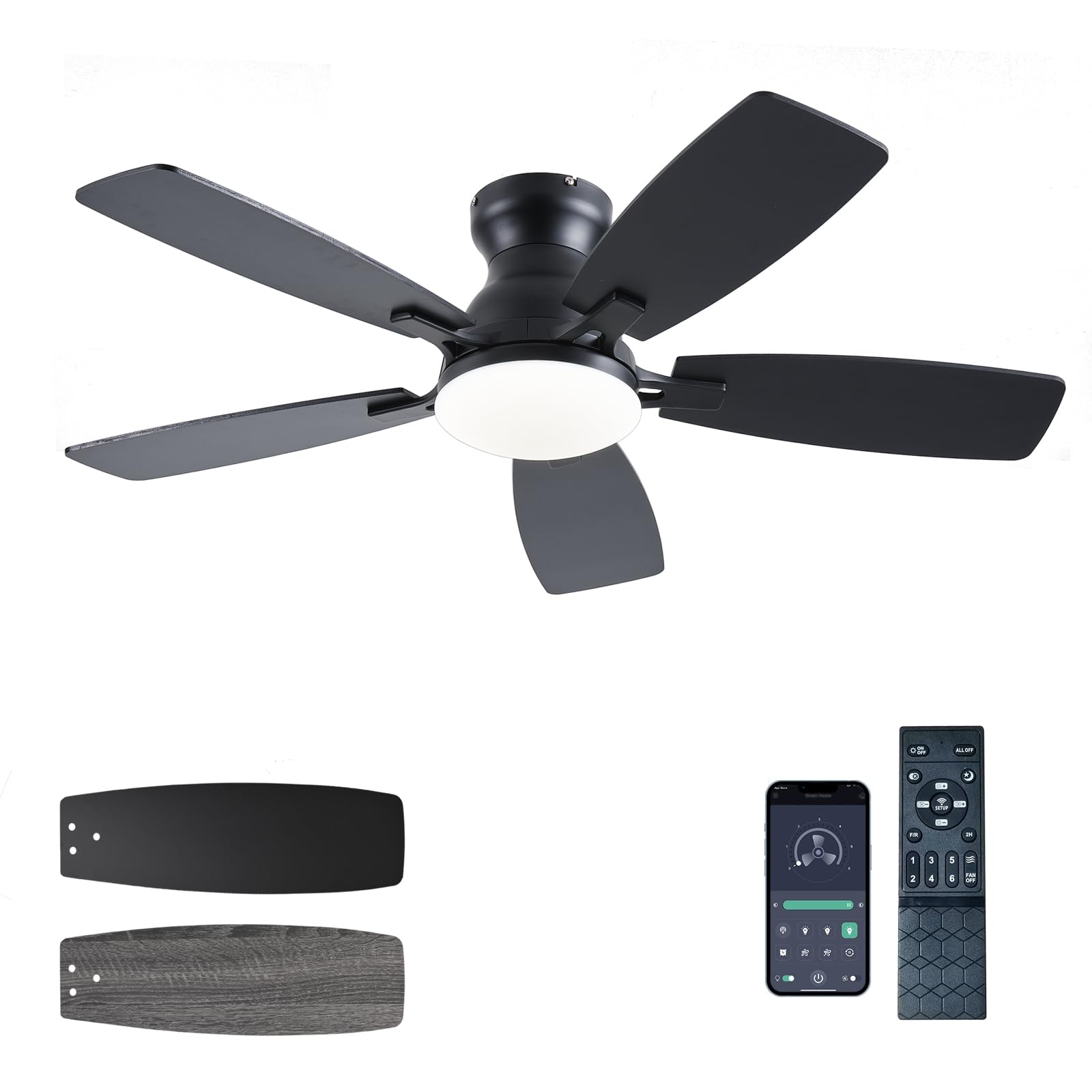Photo 1 of JSAITEE Ceiling Fans with Lights, 42 Inch Low Profile Ceiling Fan with Light and Remote Control, Flush Mount, DC Reversible Motor, Noiseless, Black 6 Speeds Ceiling Fan for Bedroom