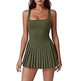 QINSEN Womens Square Neck Tennis Dress Pleated Sleeveless Built in Shorts Golf Athletic Dress with Pockets