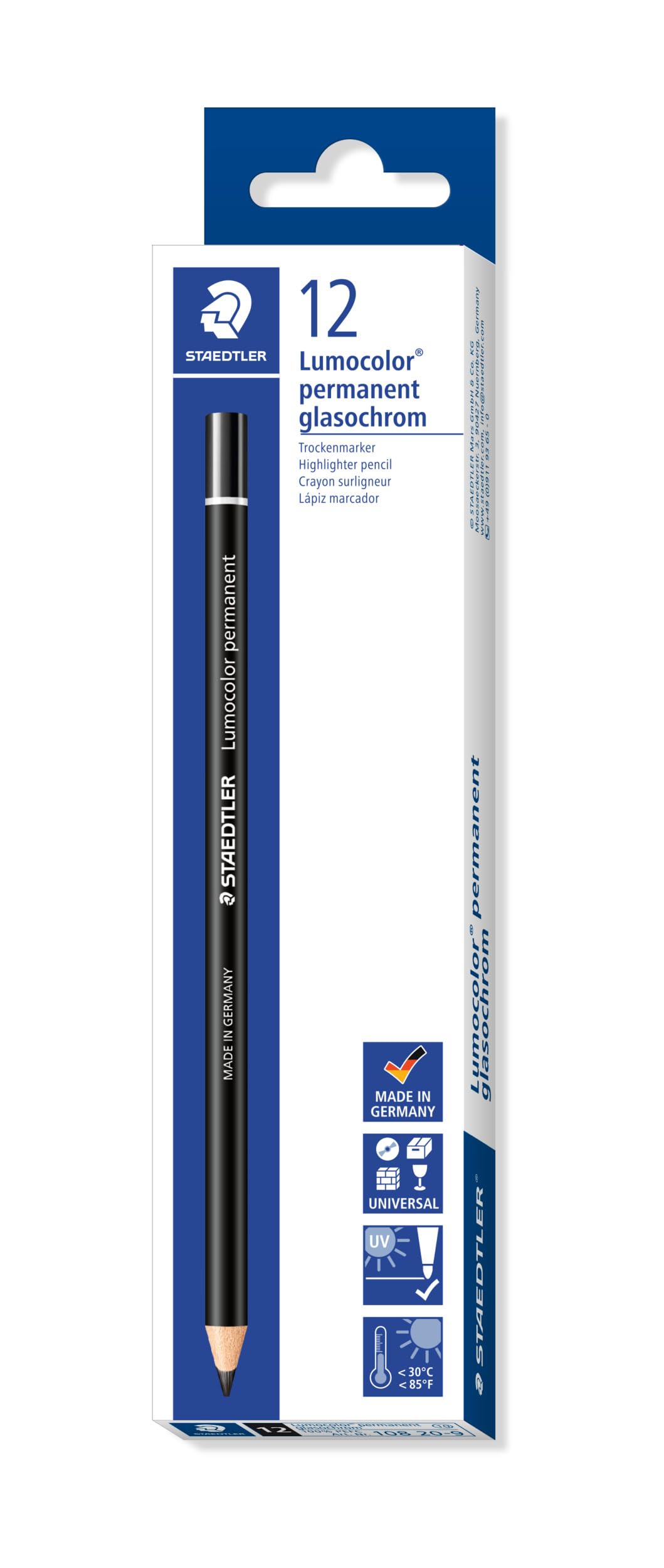 STAEDTLER 108 20-9 Lumocolor Permanent Glasochrom Dry Marker Pencil - Black (Pack of 12)
