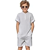 Arshiner Boy's 2 Pieces Linen Sets Short Sleeve Henley Shirt and Shorts Summer Beach Matching Outfits 4-12 Years