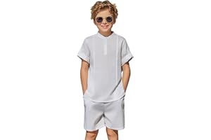 Arshiner Boy's 2 Pieces Linen Sets Short Sleeve Henley Shirt and Shorts Summer Beach Matching Outfits 5-12 Years