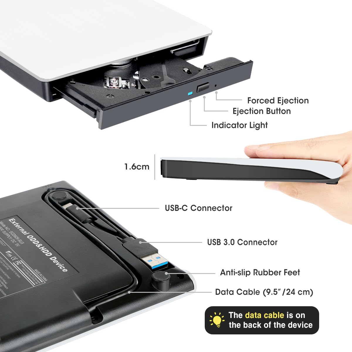 ROOFULL External CD DVD Drive for Mac Laptop, USB 3.0 & USB-C CD DVD Reader Writer Burner Player ROM/RW Portable Optical Disc Drive for Apple MacBook Pro, iMac, Windows 11/10/8/7 Computer PC, White
