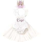 Baby Girl 1st Birthday Outfit Lace Tulle Romper Princess Tutu Dress Headband Shiny ONE Cake Smash Photo Shoot Clothes