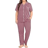 SWOMOG Women's Plus Size Pajama Set Short Sleeve Sleepwear Top and Pants Button Up Pajamas for Women Loungewear