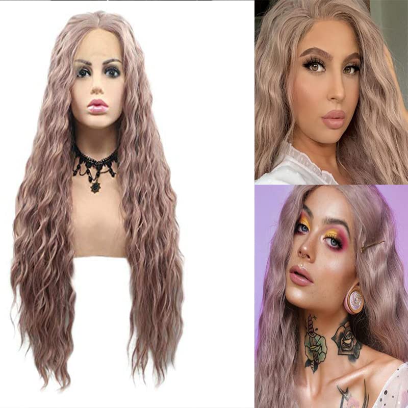 Xiweiya Ash Pink Wig Long Curly Mixed Pink Synthetic Lace Wig Natural Hairline Heat Resistant Hair 180% Density Hair for Women Drag Queen 24inch