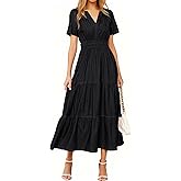 Simplee Womens Summer Denim Dress Casual Short Sleeve V Neck Empire Waist Boho Flowy Western Jean Maxi Dresses with Pockets