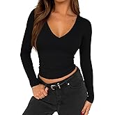 TiulZial Long Sleeve Shirt for Women V Neck Going Out Top Double Lined Tight T Shirts