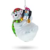 Polar Bear with Penguin Glass Christmas Ornament