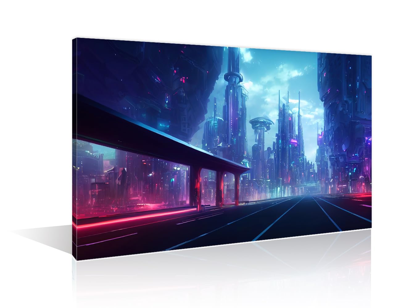 TISHIRON Cyberpunk Style Artwork Wall Art Cyberpunk Neon City Night Pictures Canvas Art Prints 1-panels Futuristic Cyberpunk City Wall Artwork Modern Home Decor Framed Ready to Hang, (16" Wx24 H)