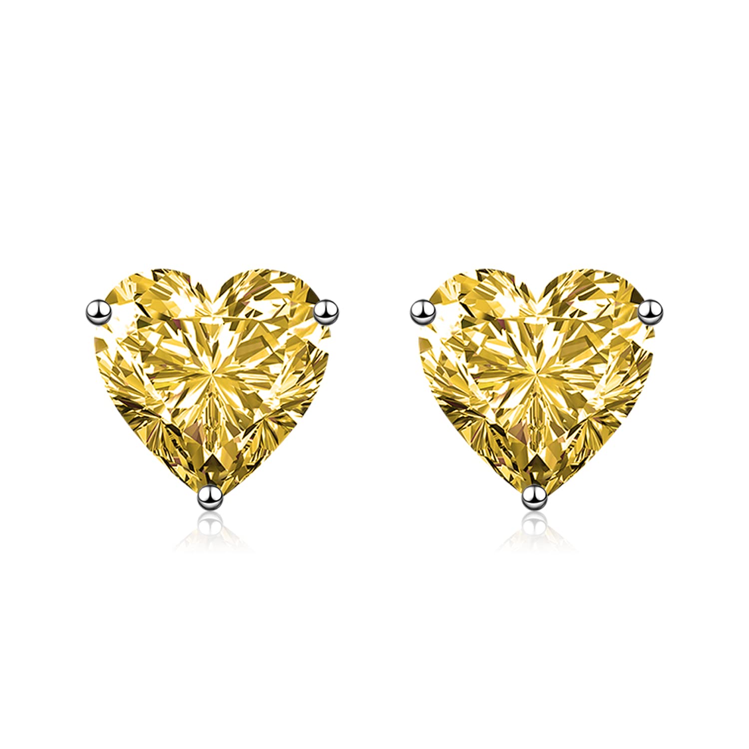 wynn's Silver Stud Earrings for Women, White Gold Studs Earrings, Silver Heart Cubic Zirconia Stud Earrings, Hypoallergenic Earrings for Girls Jewellery Gift Christmas, Yellow