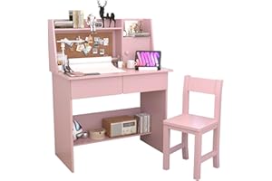 SFDOU Pink Kids Desk and Chair Set for 5-12 Year Old, Childrens Drawing Desk with Wooden Tabletop Paper Roll Dispenser, Kids Study Table with Drawers and Storage Shelf