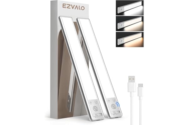 EZVALO 10inch Under Cabinet Lighting, 2500mAh Rechargeable Motion Sensor Lights Indoor with 3 Color Temps, 2 Pack Magnetic Cl