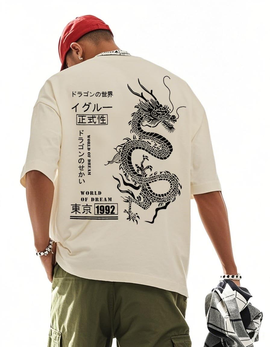 Photo 1 of Mens Graphic Tees Vintage T-Shirts Oversized Dragon Letter Print Casual Crewneck Cotton Top Short Sleeve Rapper Streetwear Apricot L