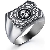 ELFASIO Vintage Ring Stainless Steel Gothic Skull Rings for Men Band Silver Skeleton Cocktail Party Biker Ring Size 8-13