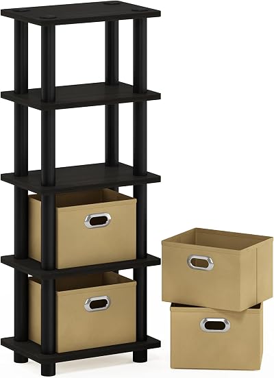 Furinno TURN-N-TUBE 4-Tier Narrow Storage Shelf with Bins, Espresso
