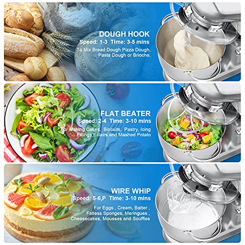 PHISINIC Stand Mixer, 5.8-QT 660W Electric Kitchen Mixer, 6-Speed Tilt-Head Household Stand Mixer, Kitchen Food Mixer with Dough Hook, Wire Whip and Beater, for Baking, Cake, Cookie, Kneading (Silver)