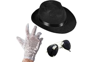 Funny Party Hats Michael Jackson Costume - Set of 3 - Fedora Hat, Sequin Glove, and Sunglasses (Fedora, Black, One Size)