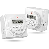 BN-LINK Indoor Digital Timer Outlet, Dual Outlet 7 Day Programmable Light Switch, 3 Prong Plug in Timers for Electrical Outlets, Lamps, Fans, 8 On/Off Programs, 2 Pack, 15A/1875W, ETL Listed