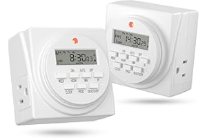 BN-LINK Indoor Digital Timer Outlet, Dual Outlet 7 Day Programmable Light Switch, 3 Prong Plug in Timers for Electrical Outlets, Lamps, Fans, 8 On/Off Programs, 2 Pack, 15A/1875W, ETL Listed