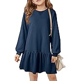 Haloumoning Girls Long Sleeve Dresses Sweatshirt Dress Kids Casual Crewneck Rib Knit Mini Dress 5-14 Years