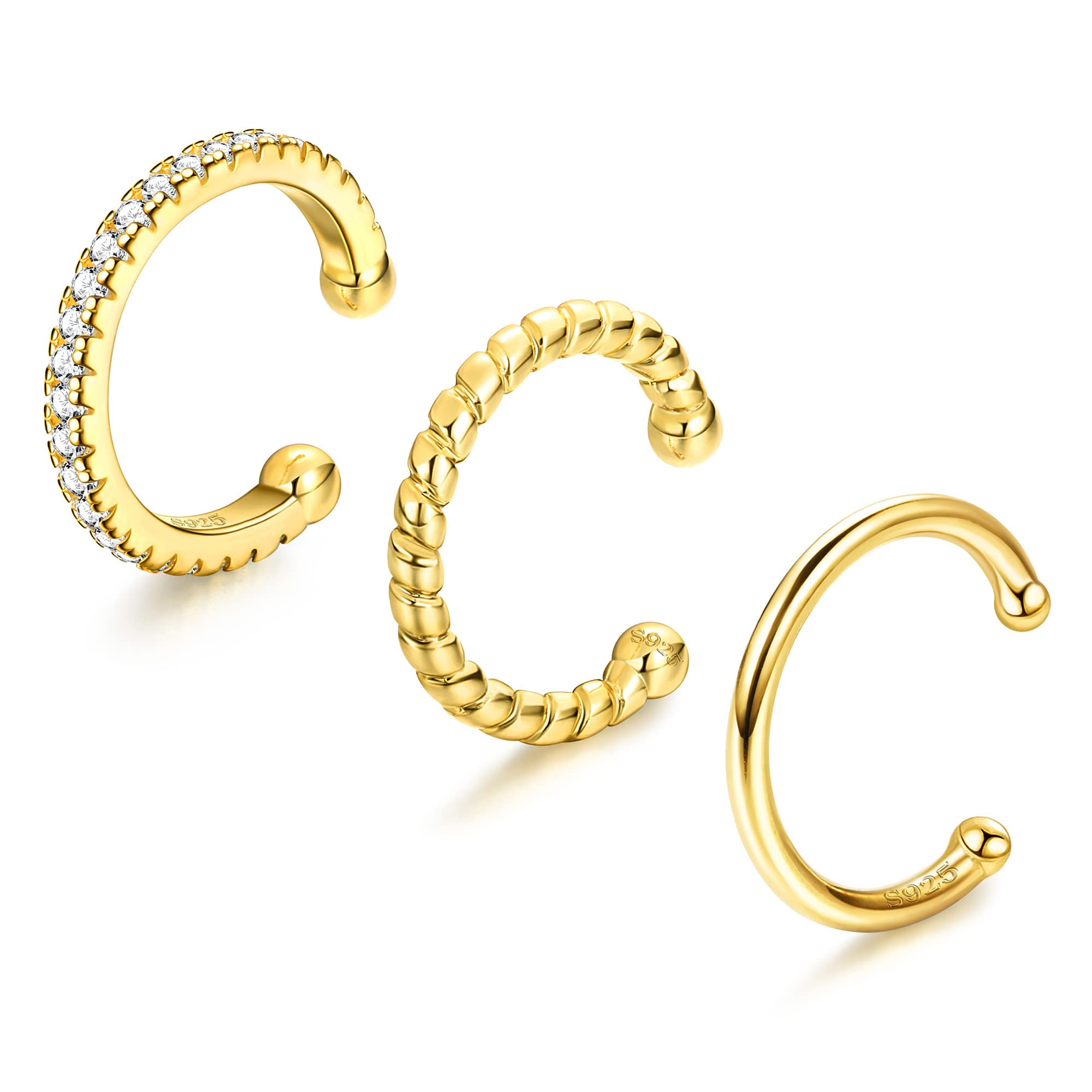 ORAZIO 3 Pcs 925 Sterling Silver Ear Cuff Earrings Non-Piercing Fake Helix Conch Cuff Earrings Hypoallergenic Cartilage Non-Pierced Cuff Earrings For Women For Non Pierced Ears, A-Gold