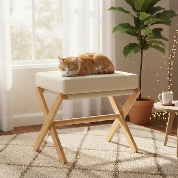 BAMBOOHOMIE FOLDABLE FOOT STOOL OTTOMAN, MODERN FOOT REST WITH BAMBOO X LEGS & THICK FOAM CUSHION, FOLDING FOOT STOOLS SMALL PADDED FOR BEDROOM LIVING ROOM, FOOTSTOOL FOR CHAIR COUCH (NATURAL – BEIGE)