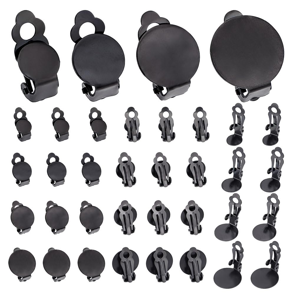 UNICRAFTALE 32 Pieces 4 Styles Stainless Steel Clip On Earring Accessory Sets Metal Flat Round Empty Clip On Earring Black Hypoallergenic Clip On Earring Converter Earring Pads for DIY Earring Making