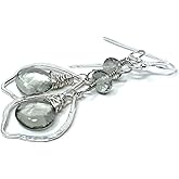 Sterling Silver Green Amethyst Earrings Marquise Hammered Hoops Gemstone Dangles