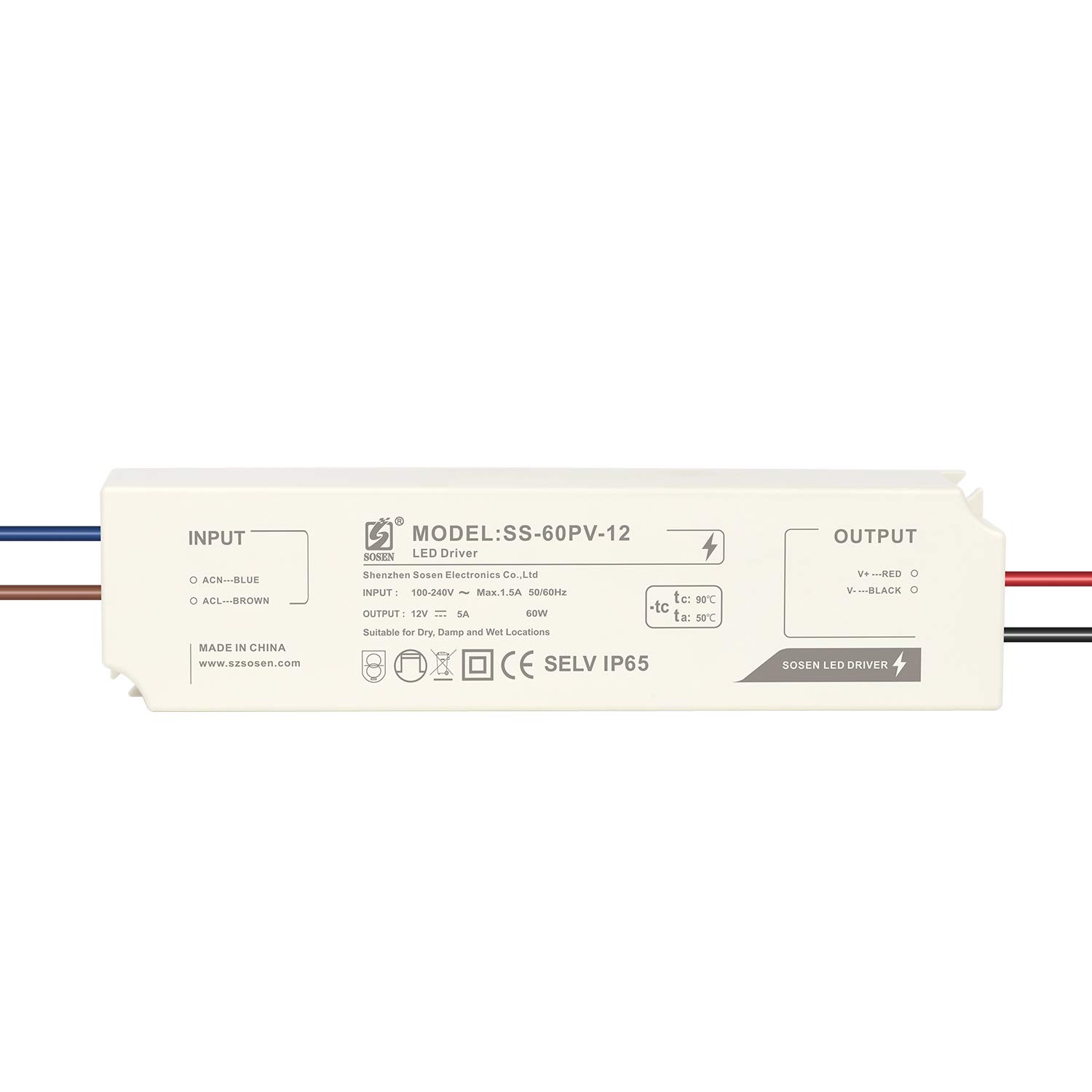 LIGHTEU®, Sosen Transformer LED Power Supply - 60W, 12V DC, 5A, IP65- Constant Voltage for LED Strip Lights and G4, MR11, MR16 LED Light Bulbs