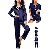5Pcs Womens Satin Pajamas Set Silk Pajama Pjs XS-2XL Silky Pj Sets Button Down Sleepwear Nightwear Loungewear