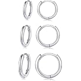 Silver Hoop Earrings for Women, 3 Pairs Small Sterling Silver Huggie Earrings, Tiny Hypoallergenic Cartilage Endless Earrings Piercing Helix Jewelry for Men (8mm/10mm/12mm, Silver/Gold/Black)