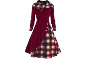 RDEGOOCHA Holiday Dresses for Women Vintage 1950s Plaid Dress Retro Cocktail Party Swing Dresses Bowtie Front Formal Long Sleeve Dress