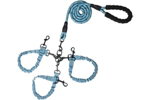 Y-ANNJYA Dog Double Leashes,Rope Bungee Four Leash with Padded Handle Removable for 4 Dogs,Tangle-Free, Padded Handles, 360° Swivel Control (Blue 3 Way)