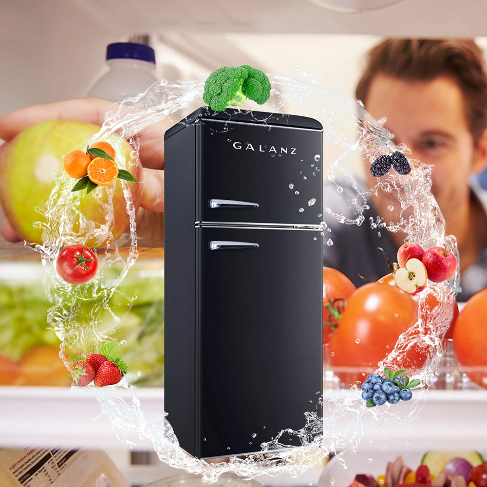 Galanz GLR10TBKEFR Retro Refrigerator with Top Freezer Frost Free, Dual Door Fridge, Adjustable Electrical Thermostat Control, 10 cu ft, Black