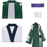 Roncome Unisex Men Japanese Green Long Kimonos Cosplay Costume Women Cloak White Robe Anime Halloween Outfits with Earrings