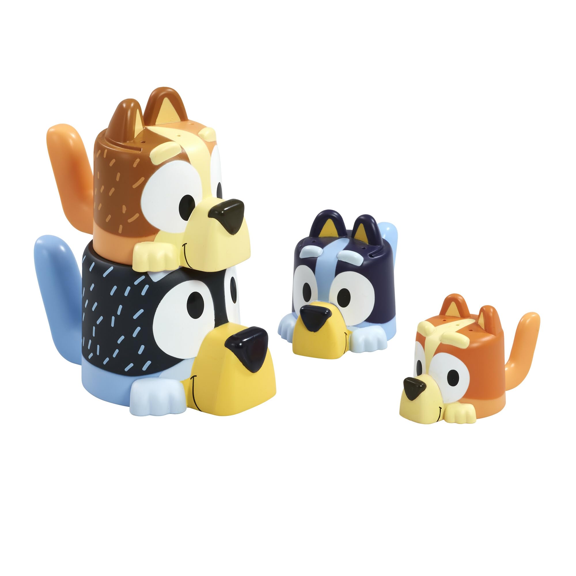 TOMY Toomies Bluey Bath Toys - Bluey's Family Pourers - Includes Chilli, Bandit, Bingo and Bluey Figures - Nesting and Stacking Cups for Bath, Beach or Pool - 4 Count - Ages 18 Months and Up