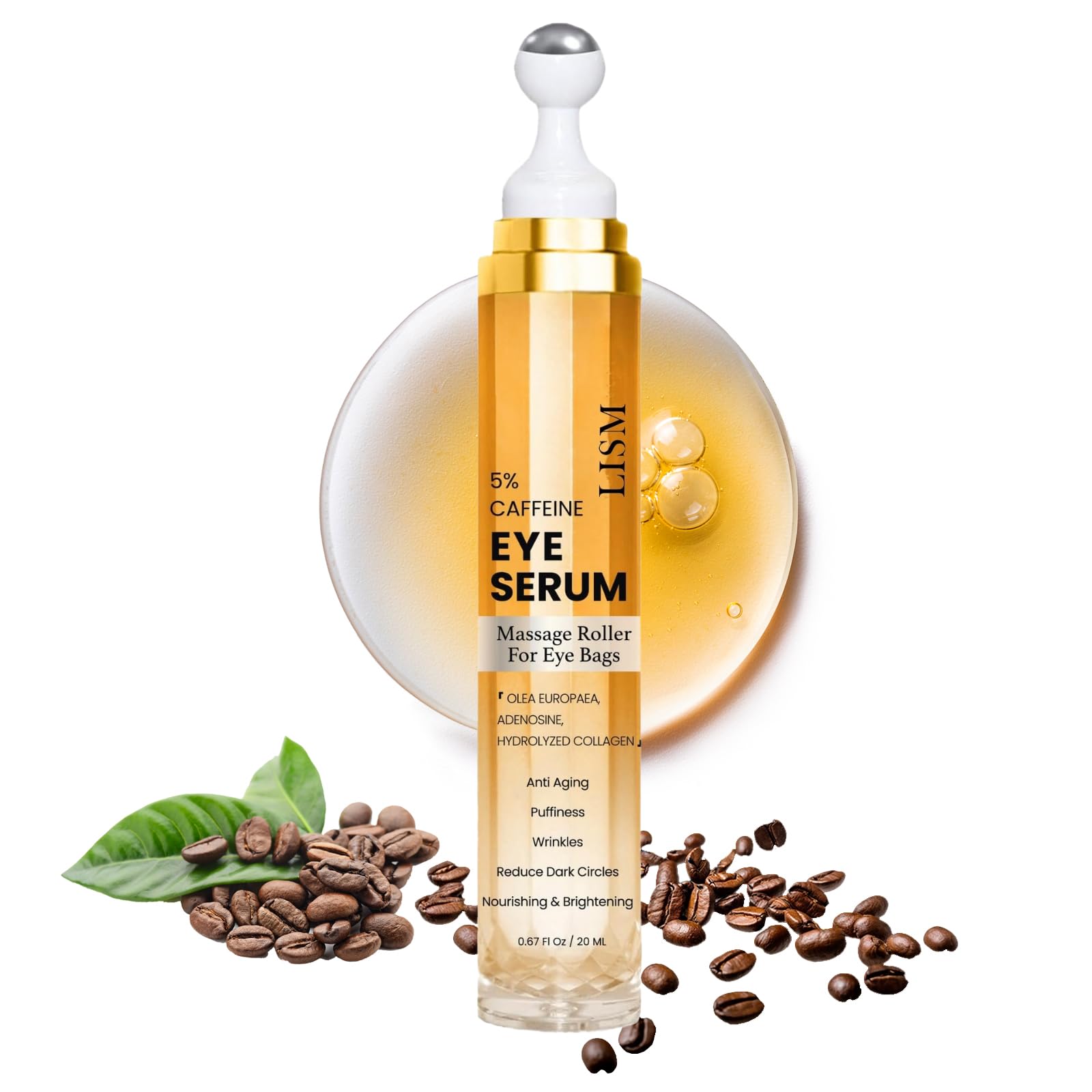 Eye Cream for Dark Circles and Puffy Eyes Caffeine Eye Cream the Ordinary Caffeine Eye Serum Caffeine Eye Serum With 360° Massage Ball to Reduce Eye Bags Wrinkles and Fine Lines (20ml)