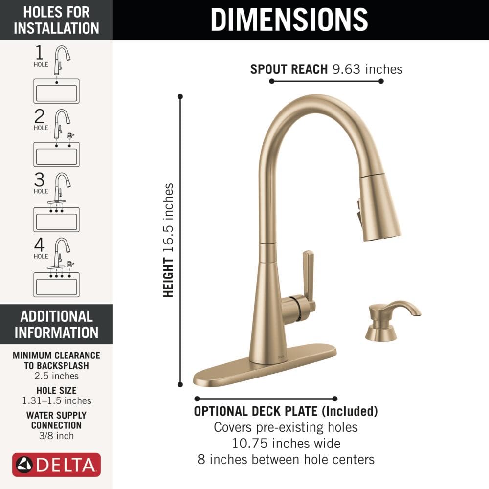 Delta Boyd Brushed Gold Kitchen Faucet with Pull Down Sprayer and Soap Dispenser, Modern Single Hole Kitchen Sink Faucet, Single Handle, Champagne Bronze 19893Z-CZSD-DST