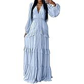 LAJIOJIO Elegant Dresses for Women Wedding Guest,Deep V Neck Puff Long Sleeve Evening Maxi Dress