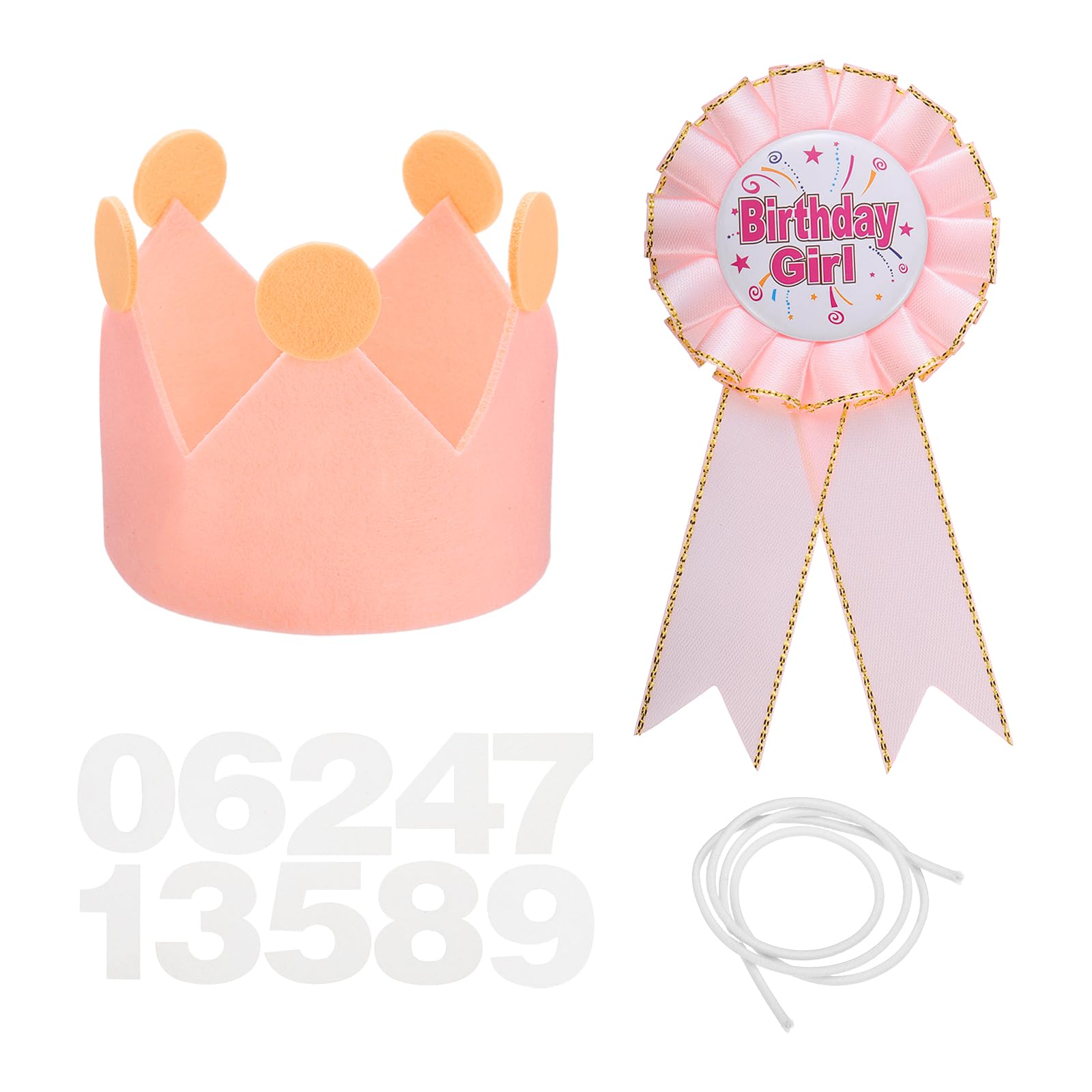 sourcing map Birthday Crown Party Set for Girl, Ribbon Brooch Pin & Felt Crown Hat with 0-9 Numbers for Theme Party Dress-Up Decoration Photo Props Birthdays Celebration, Light Pink
