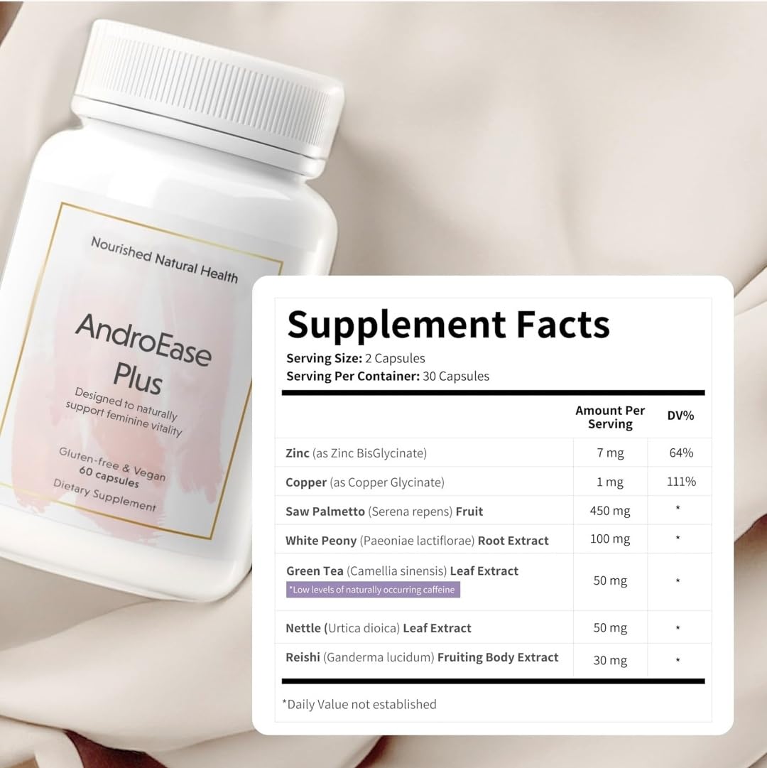 Nourished AndroEase Plus - Natural Balance Supplement for Women - Vegan Formula with Zinc & Saw Palmetto - 180 Capsules for Daily Wellness & Vitality - Made in USA
