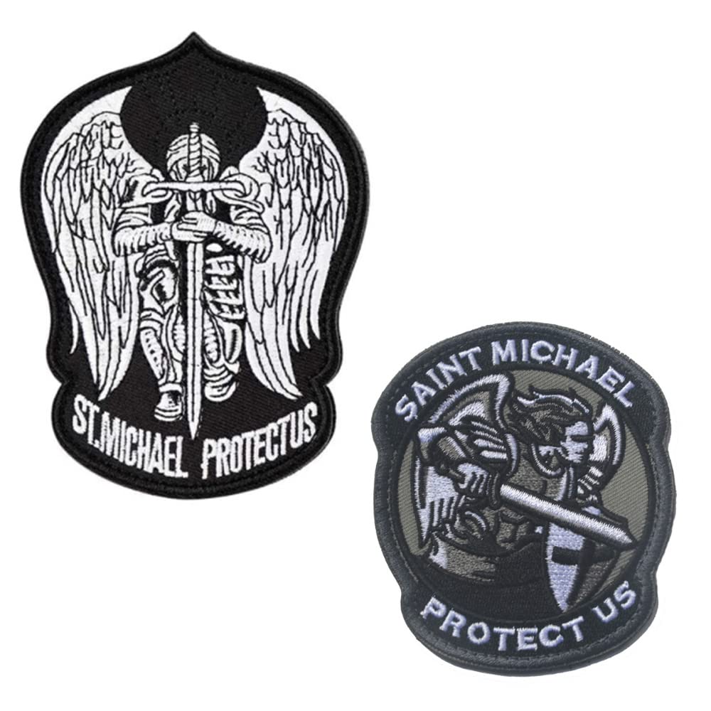 Zcketo 2 Pcs Saint Michael Protect Us Patch Embroidered Applique Badge Hook and Loop Tactical Military Emblem Patches for Clothing Backpack Cap Jacket Vest Bag Pouch Dogs Harness