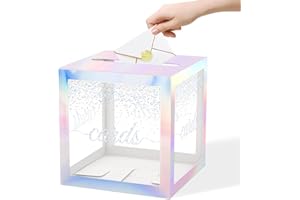 JCTHKUKU Clear Iridescent Card Box for Party, Blinking Silver Foil Gift Cards Receiving Box Holder for Wedding, Bridal Shower, Graduation, Birthday, Retirement, Baby Shower, Anniversaries Party Decorations