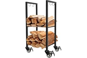 Koutemie 2 Tiers Small Firewood Log Storage Rack Holder with Wheels for Indoor Fireplace or Outdoor Patio, Black
