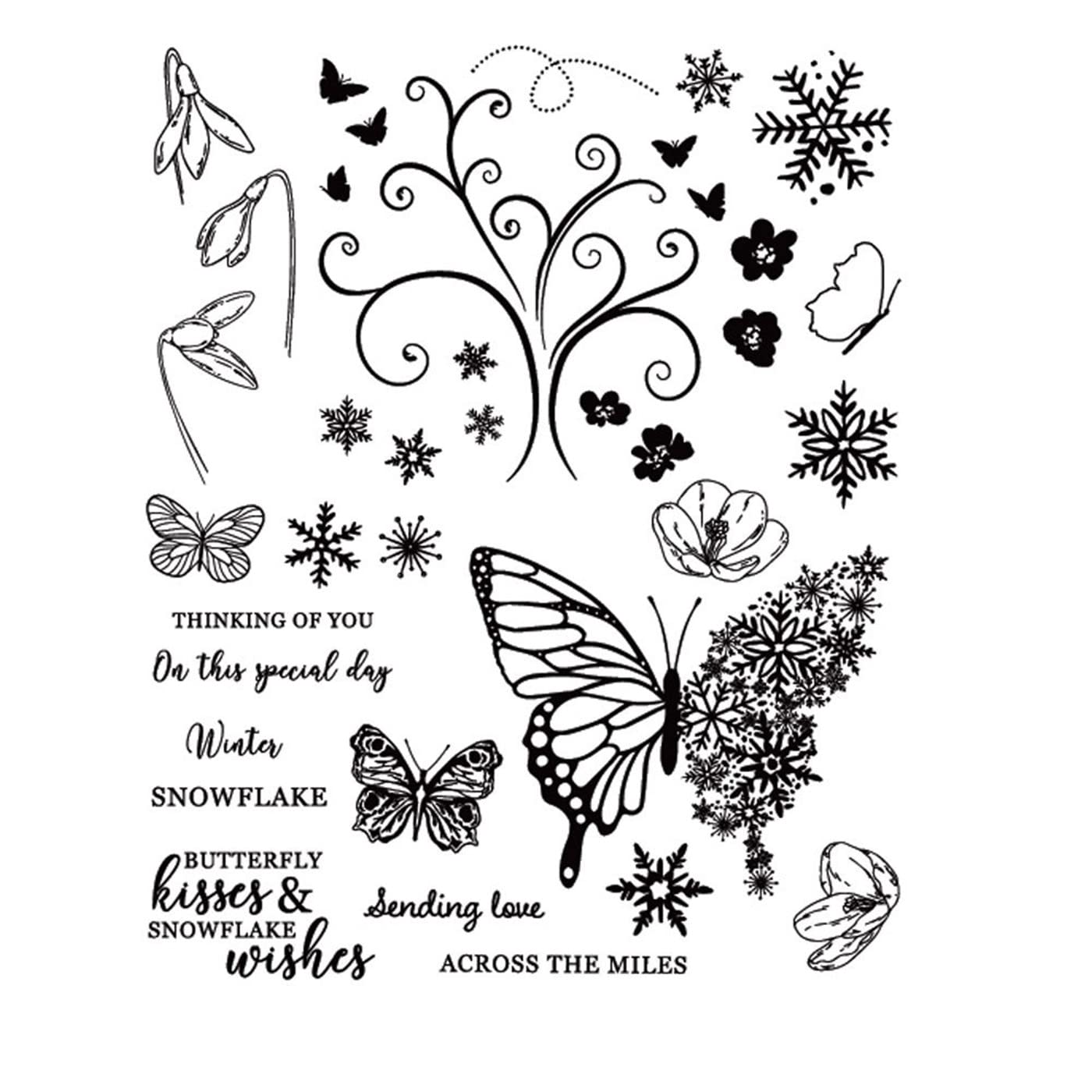 arriettycraft Christmas Snowflakes Butterfly Flowers Christmas Greetings Sentiment Clear Stamps for Christmas Cards Making Decoration and Scrapbooking Rubber Stamps for Craft